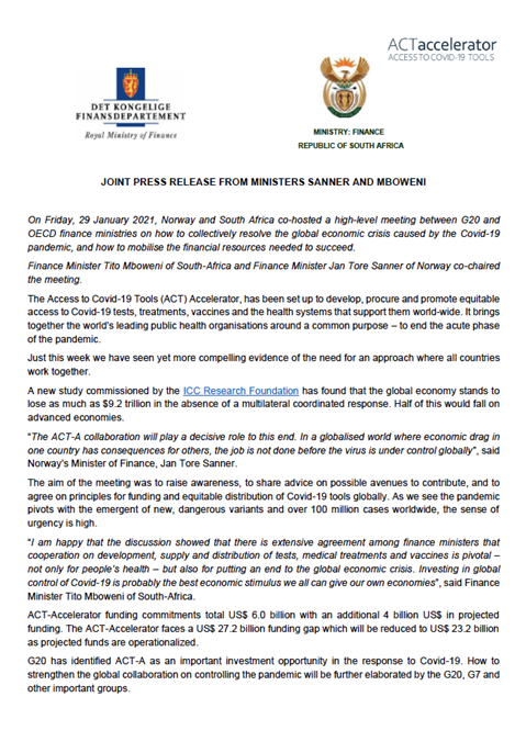 Joint press release from Ministers Sanner and Mboweni