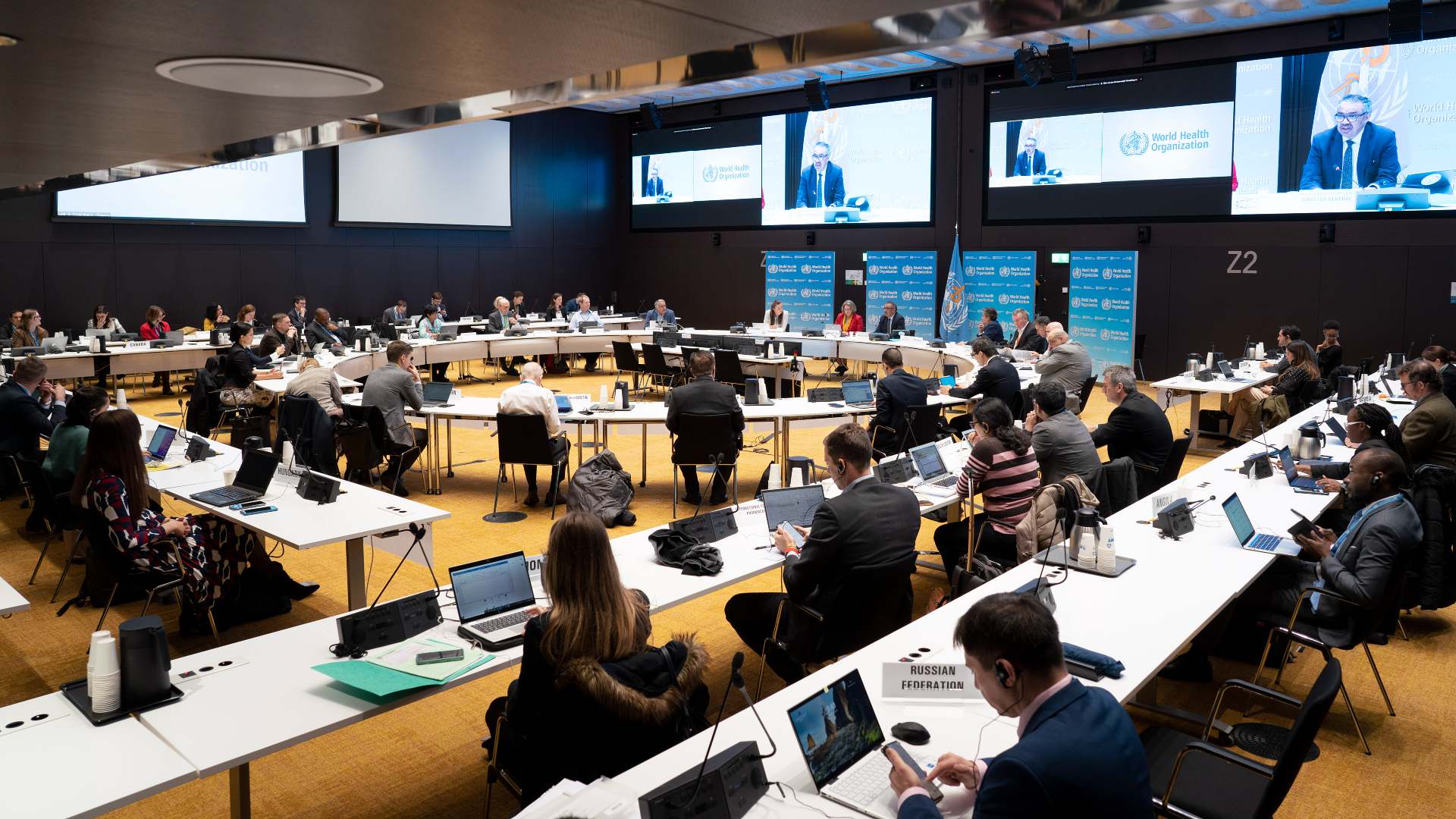 IHR RC 6th meeting Geneva 2023 Meeting participants during WHO Director-General's opening remarks at headquarters in Geneva, Switzerland.