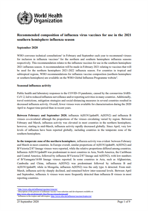 Recommended composition of influenza virus vaccines for use in the 2019-2020 northern hemisphere influenza season