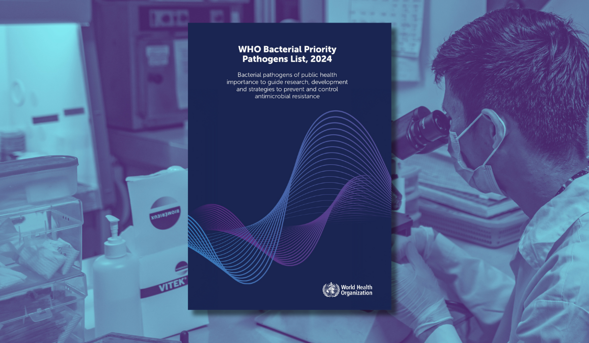 A laboratory technician wearing a mask is looking through a microscope. The image features the cover of the