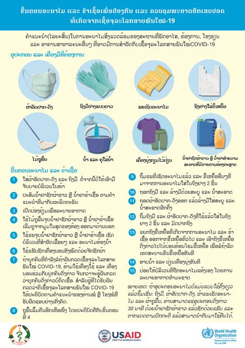 ຂັ້ນຕອນອະນາໄມ ແລະ ຂ້າເຊື້ອເພື່ອປ້ອງກັນ ແລະ ຄວບຄຸມພະຍາດອັກເສບປອດ ທີ່ເກີດຈາກເຊື້ອຈຸລະໂລກສາຍພັນໃໝ່COVID-19 ຂັ້ນຕອນອະນາໄມ ແລະ ຂ້າເຊື້ອເພື່ອປ້ອງກັນ ແລະ ຄວບຄຸມພະຍາດອັກເສບປອດ ທີ່ເກີດຈາກເຊື້ອຈຸລະໂລກສາຍພັນໃໝ່COVID-19