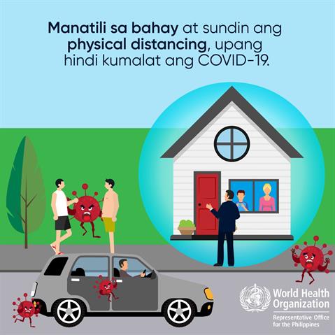 Manatili sa bahay at sundin ang physical distancing Infographic of text